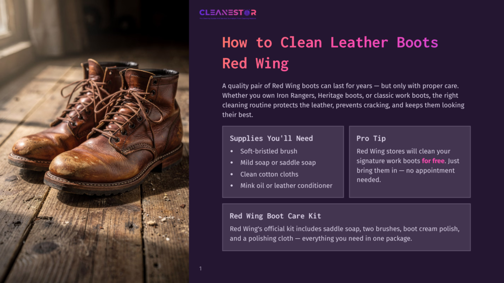 Two Well-Worn Red Wing Leather Work Boots Sit On A Rustic Wooden Surface. The Boots Are A Rich Brown, Showing Signs Of Age And Use, With Laces Tied. The Image Is Part Of A Guide On How To Clean Leather Boots.