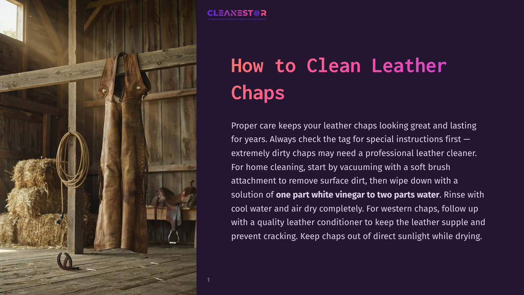Two Pairs Of Brown Leather Chaps Hang From Wooden Beams In A Rustic Barn Setting, With Hay Bales And A Saddle Visible In The Background. The Text &Quot;Cleanestor&Quot; Is Visible In The Upper Right Corner.
