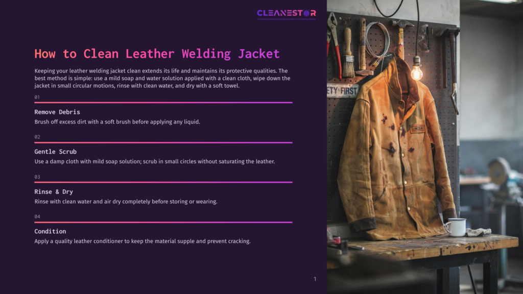 A Worn Brown Leather Welding Jacket Hangs On A Hook In A Workshop, Showing Signs Of Use. The Jacket Is The Central Focus, With Tools And A Workbench Visible In The Blurred Background.