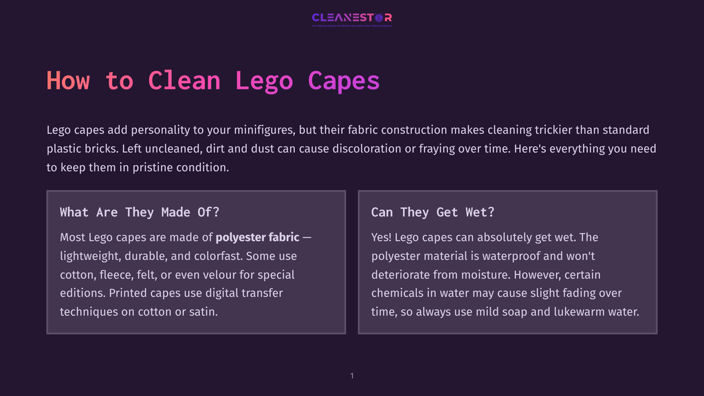 Cleanestor Logo With Text &Quot;How To Clean Lego Capes&Quot; And Two Purple Boxes Detailing Cape Material And Wetness.