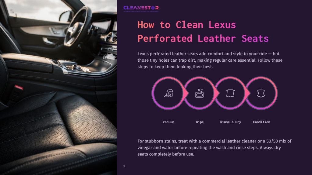Interior Of A Luxury Car, Likely A Lexus, Showing Perforated Leather Seats In A Dark Color. The Image Highlights The Texture And Stitching Of The Seats, With The Steering Wheel And Dashboard Visible In The Background.