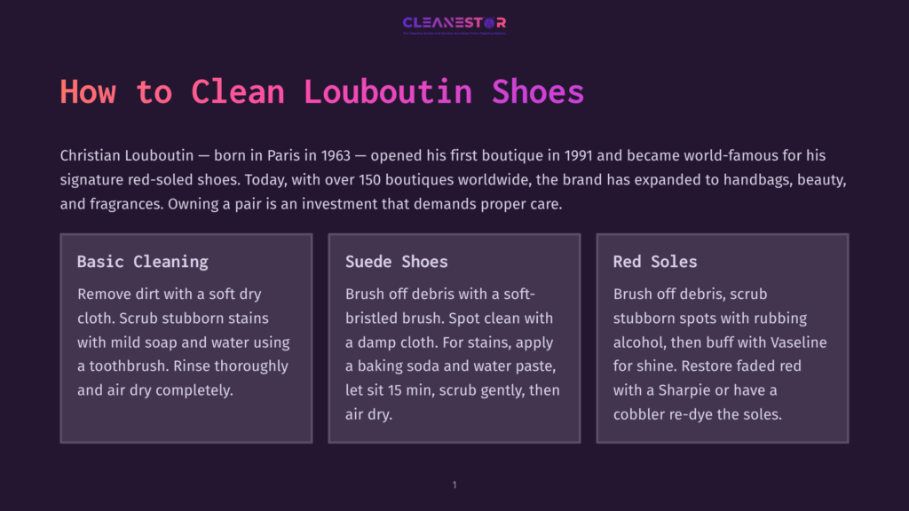 Slide With Text On How To Clean Louboutin Shoes, Detailing Basic Cleaning, Suede Shoes, And Red Soles.