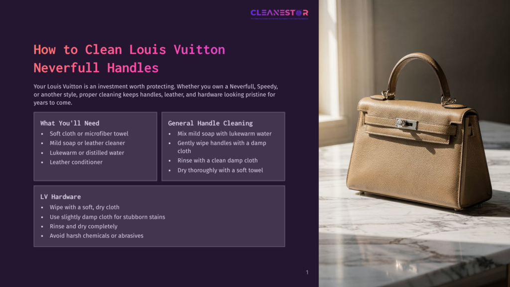 A Tan Louis Vuitton Neverfull Handbag With Gold Hardware Sits On A Marble Surface, Bathed In Soft Natural Light From A Window. The Image Is Part Of A Guide On How To Clean Louis Vuitton Neverfull Handles.