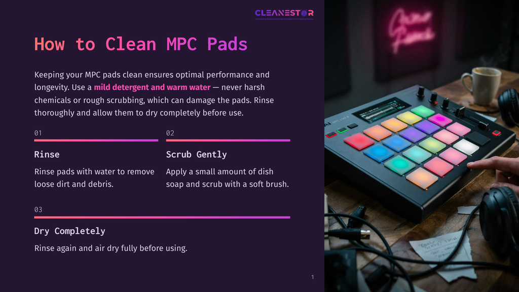 Close-Up Of A Person'S Hand Touching Colorful Mpc Pads On A Music Production Controller, With Headphones And A Coffee Cup In The Background. Text Overlay Reads &Quot;How To Clean Mpc Pads&Quot;.