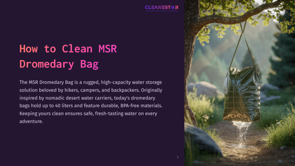 A Green Msr Dromedary Bag, Full Of Water, Hangs From A Tree Branch, With Water Dripping Into A Grassy Forest Clearing. Text On The Left Reads: &Quot;How To Clean Msr Dromedary Bag.