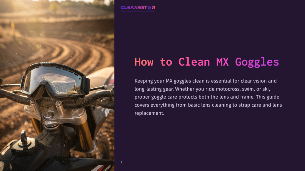 Dirt Bike Handlebars With Motocross Goggles Resting On Them, Set Against A Dusty Track In The Warm, Golden Light Of Sunset. The Cleanestor Logo Is Visible In The Top Right.