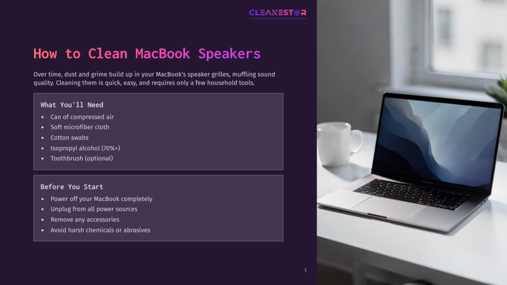 A Silver Macbook Pro Sits Open On A White Desk Next To A White Mug, With A Blurred Background Of A Window And City Skyline. The Screen Displays A Graphic With The Text &Quot;Cleanestor&Quot; And &Quot;How To Clean Macbook Speakers.