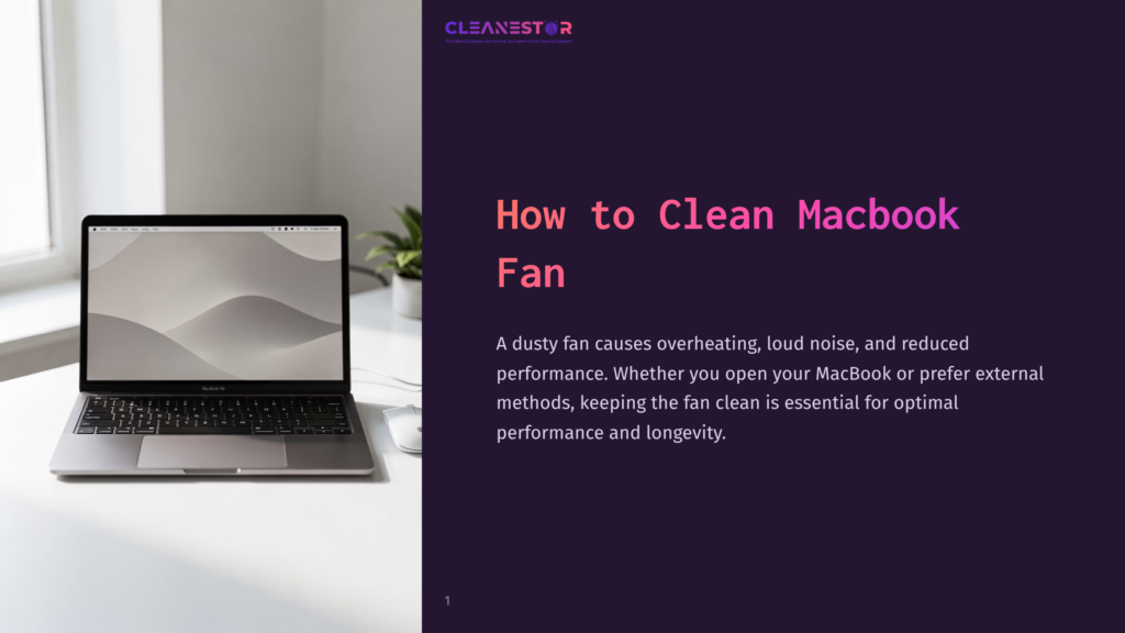 A Silver Macbook Pro Sits Open On A White Desk Next To A White Computer Mouse, With The Screen Displaying A Wavy Gray Graphic. The Text &Quot;How To Clean Macbook Fan&Quot; Is Prominently Displayed In Large Pink And White Font Over A Dark Purple Background.