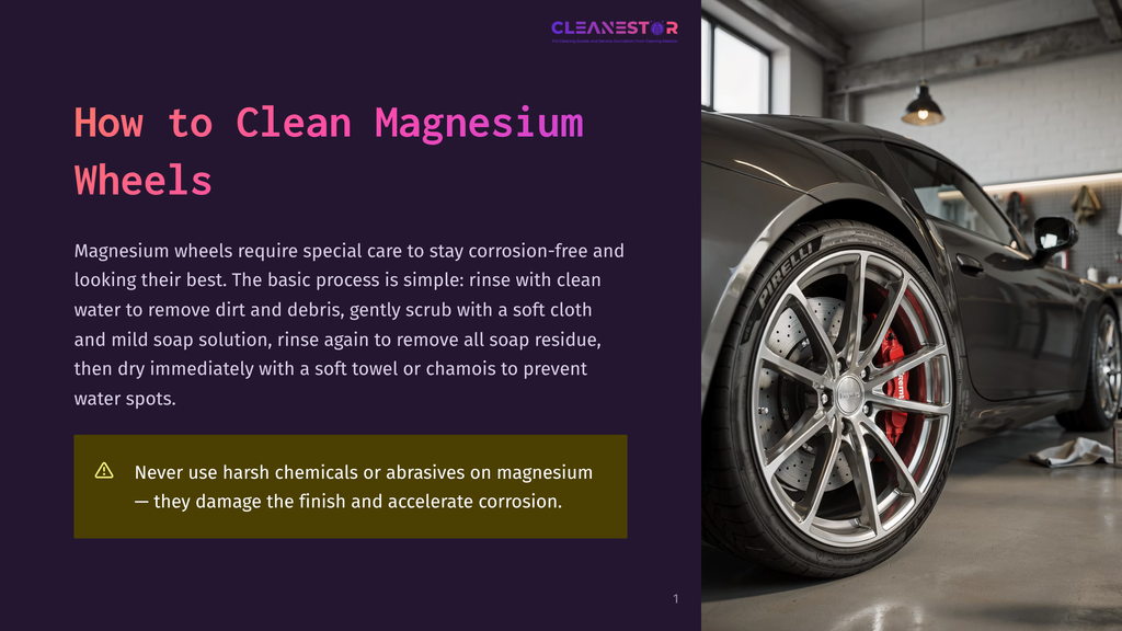 Close-Up Of A Clean, Shiny Magnesium Wheel On A Dark Gray Sports Car, With The Pirelli Tire And Red Brake Caliper Visible. The Car Is In A Well-Lit Garage, With The Text &Quot;How To Clean Magnesium Wheels&Quot; And Cleaning Tips On The Left.