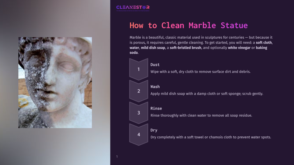 Close-Up Of A Marble Statue Half-Covered In Dirt And Grime, With The Cleanestor Logo And &Quot;How To Clean Marble Statue&Quot; Text Overlay.
