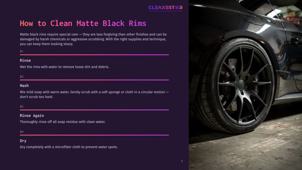 Close-Up Of A Matte Black Rim On A Car, Showcasing Its Sleek Finish And Intricate Spoke Design. The Car'S Tire Is Visible, And The Background Is Dark And Slightly Blurred, Highlighting The Wheel.