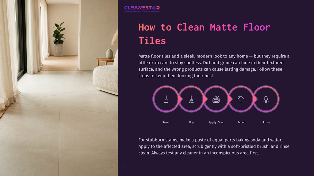 Cleanestor Logo And &Quot;How To Clean Matte Floor Tiles&Quot; Title On A Dark Purple Background, With A Diagram Of Cleaning Steps: Sweep, Mop, Apply Soap, Scrub, Rinse.