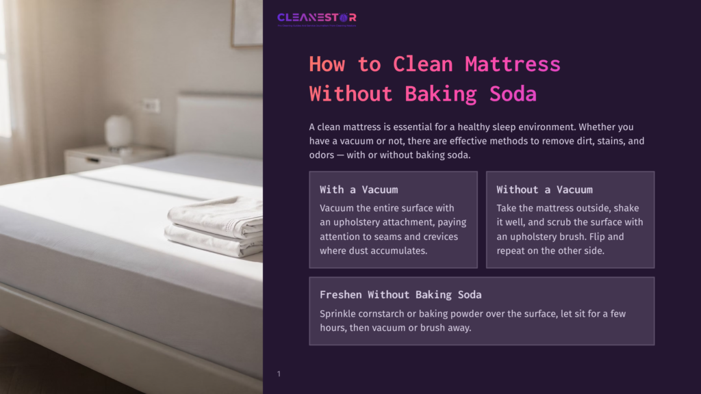 Cleanestor Infographic On How To Clean A Mattress Without Baking Soda, Featuring A Neatly Made White Mattress With Folded Grey Bedding.