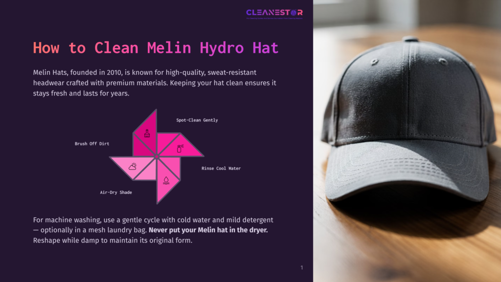 A Dark Gray Melin Hydro Hat Rests On A Wooden Surface, With A Graphic Detailing How To Clean The Hat Using Spot Cleaning, Brushing Off Dirt, And Air-Drying.