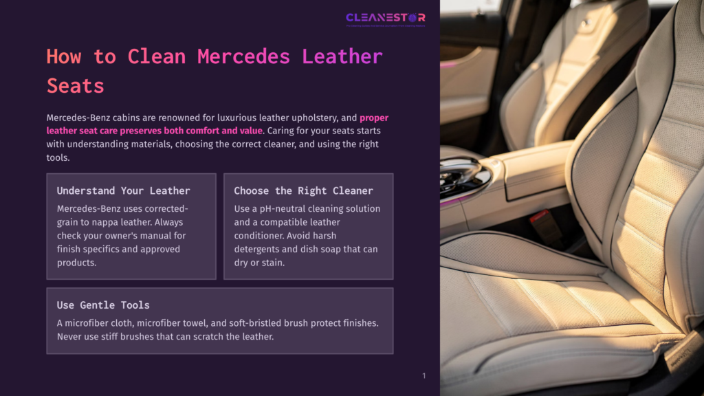 1 How To Clean Mercedes Leather Seats Interior Of A Luxury Mercedes-Benz With Clean, Light Beige Leather Seats, Showcasing The Clean And Comfortable Cabin. Text Overlay Reads &Quot;How To Clean Mercedes Leather Seats&Quot;.