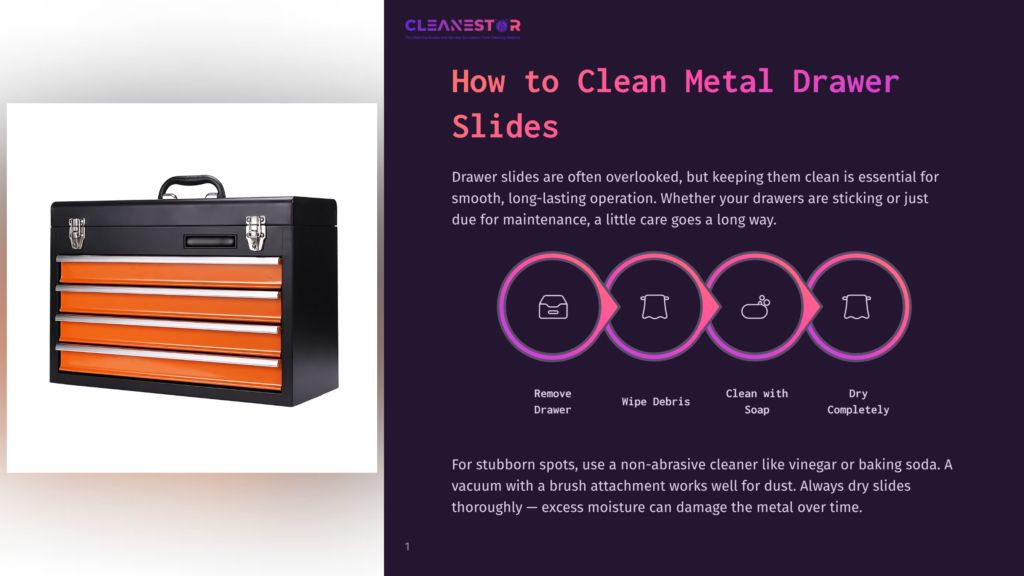 A Black Metal Toolbox With Four Orange Drawers Is Shown, With A Graphic Overlay Explaining How To Clean Metal Drawer Slides.