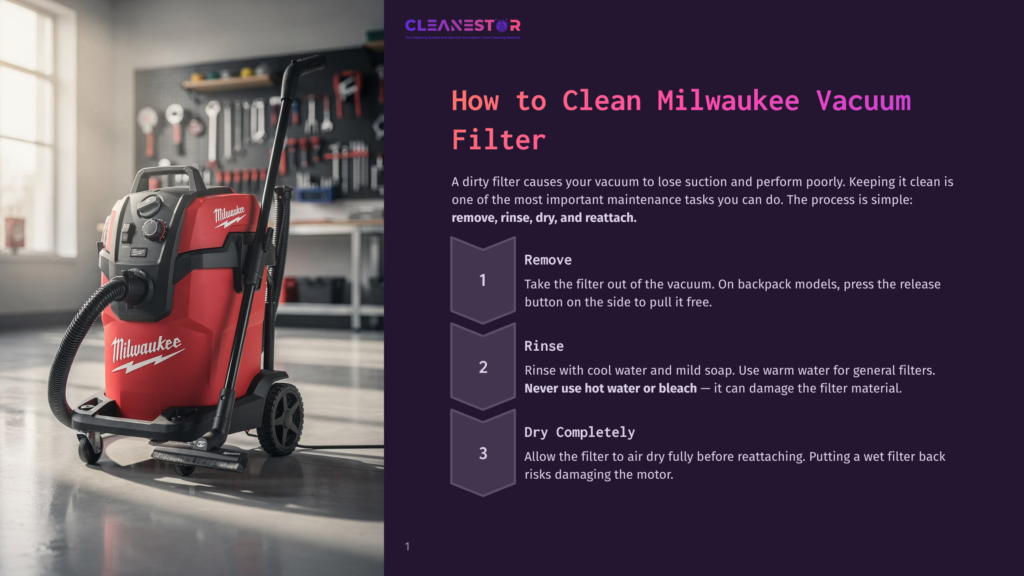 Red Milwaukee Vacuum Cleaner With A Black Hose And Accessories In A Workshop Setting. Text Overlay Reads: &Quot;How To Clean Milwaukee Vacuum Filter.