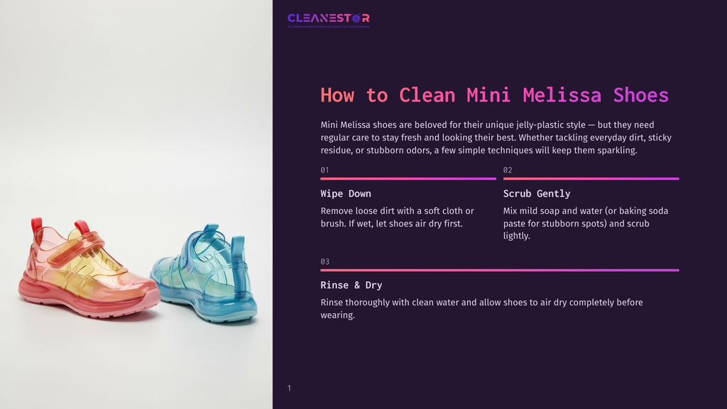 Two Pairs Of Colorful Mini Melissa Shoes, One Translucent Pink And Gold, The Other Translucent Blue, Sit On A Light Gray Surface. The Image Is Part Of A &Quot;How To Clean Mini Melissa Shoes&Quot; Guide.
