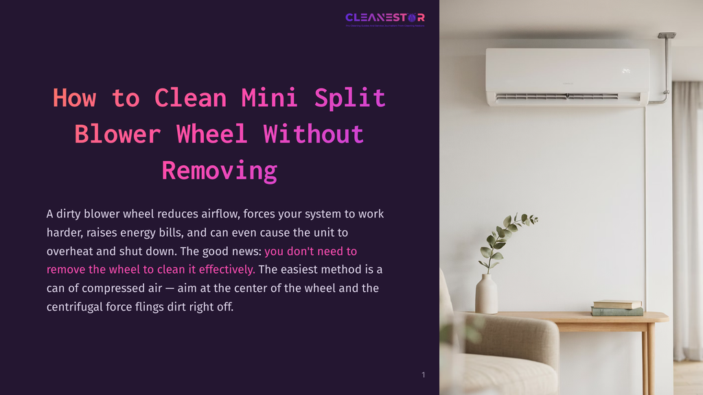 1 How To Clean Mini Split Blower Wheel Without Removing A White Mini-Split Air Conditioner Unit Is Mounted High On A White Wall Above A Light Wood Table. The Table Has A Small Green Plant In A White Vase And Two Stacked Books. Text On The Left Reads: &Quot;Cleanestor How To Clean Mini Split Blower Wheel Without Removing&Quot;.