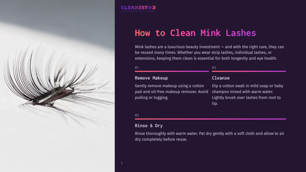 1 How To Clean Mink Lashes Close-Up Of A Single, Luxurious Mink Eyelash Strip With Fine, Wispy Hairs Fanning Out On A White Surface, With A Soft Shadow Cast To The Left. The Text &Quot;Cleanest&Quot; Is Visible In The Upper Left Corner.