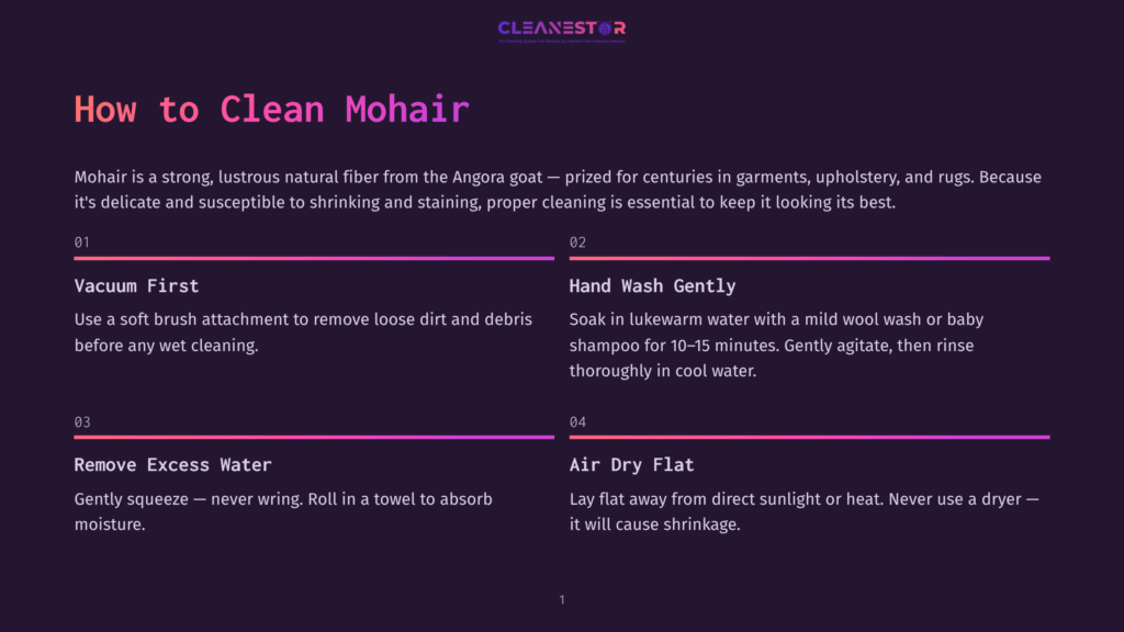 Infographic Detailing How To Clean Mohair: Vacuum First With A Soft Brush, Hand Wash Gently In Lukewarm Water, Remove Excess Water By Rolling In A Towel, And Air Dry Flat Away From Direct Sunlight.