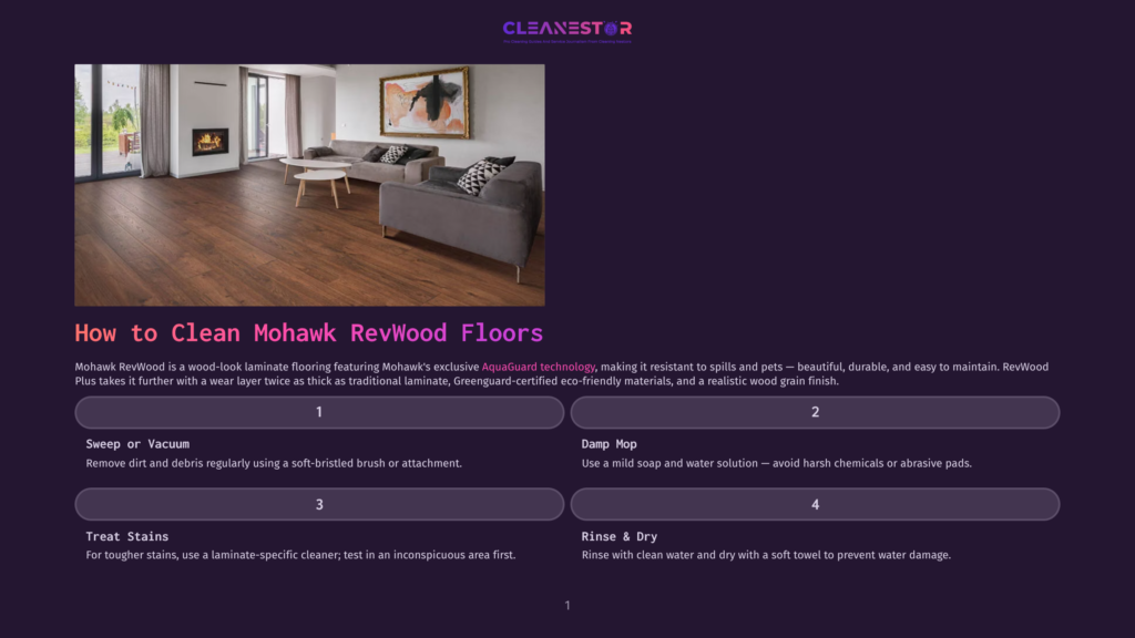 Mohawk Revwood Plus Flooring In A Living Room, Featuring A Fireplace And Modern Furniture. &Quot;How To Clean Mohawk Revwood Floors&Quot; Text Overlay.