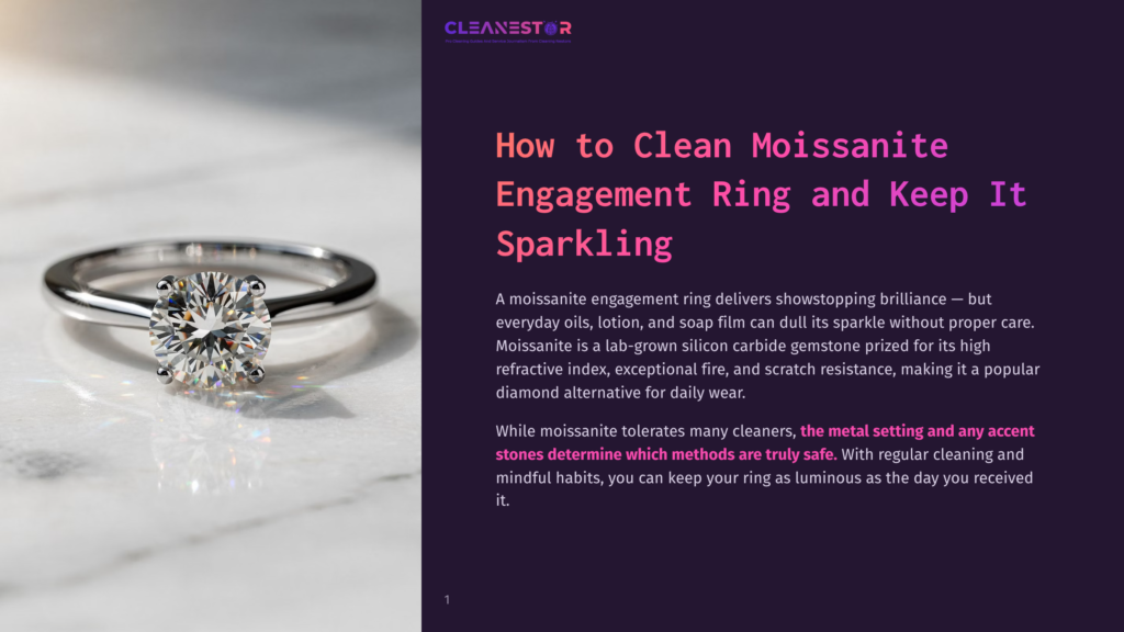1 How To Clean Moissanite Engagement Ring And Keep It Sparkling A Close-Up Of A Sparkling Moissanite Engagement Ring With A Large, Brilliant Center Stone Set In A White Gold Band, Resting On A Textured Marble Surface.
