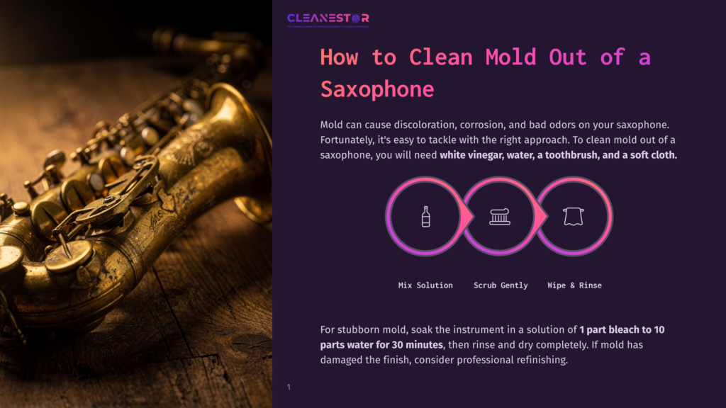 A Brass Saxophone Rests On A Wooden Surface With A Purple Background, Showcasing Its Intricate Design. The Image Includes Icons For Mixing A Cleaning Solution, Scrubbing Gently, And Wiping And Rinsing, All Surrounded By A Pink Circle.