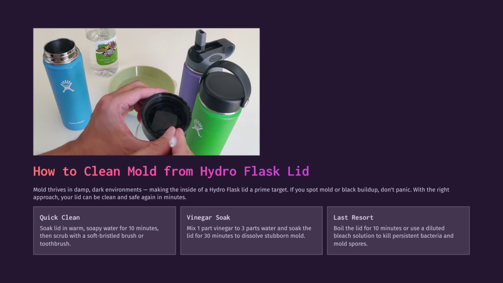 A Hand Cleaning The Inside Of A Hydro Flask Lid With A Black Sponge, With Blue, Green, And Purple Hydro Flasks In The Background, Alongside A Bottle Of Vinegar And A Green Bowl.