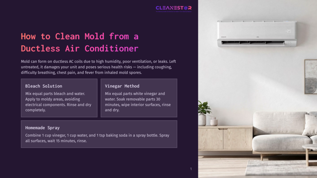 1 How To Clean Mold From A Ductless Air Conditioner A Modern Living Room With A Sleek White Air Conditioner Mounted On A Wall Above A Light Grey Sofa And Wooden Cabinet. The Image Also Features A Graphic Overlay With Text About Cleaning Mold From Ductless Air Conditioners, Including Bleach And Vinegar Cleaning Methods.