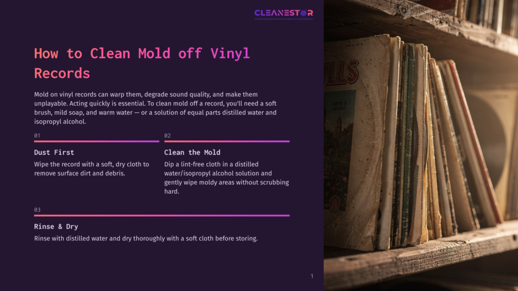 Close-Up Of Vintage Vinyl Records On A Shelf, With Text Overlay On The Left About How To Clean Mold Off Vinyl Records. The Records Have Colorful Album Art And Appear Aged.