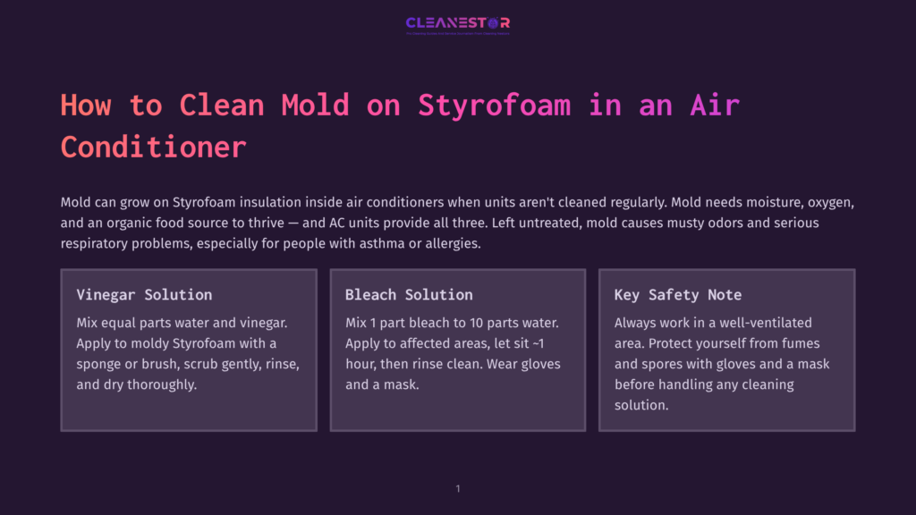 A Presentation Slide Titled &Quot;How To Clean Mold On Styrofoam In An Air Conditioner&Quot; With Three Sections: Vinegar Solution, Bleach Solution, And Key Safety Note. The Slide Provides Instructions For Cleaning Mold.