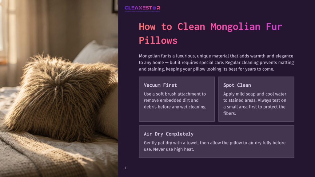A Fluffy, Textured Mongolian Fur Pillow Sits On A Bed, Bathed In Warm Sunlight. The Image Is Part Of A &Quot;How To Clean Mongolian Fur Pillows&Quot; Guide, Featuring Cleaning Tips.
