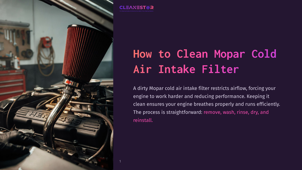 1 How To Clean Mopar Cold Air Intake Filter Close-Up Of A Red Mopar Cold Air Intake Filter Installed On A Car Engine, With The &Quot;Hen 426&Quot; Engine Block Visible. The Engine Bay Is In A Garage Setting.