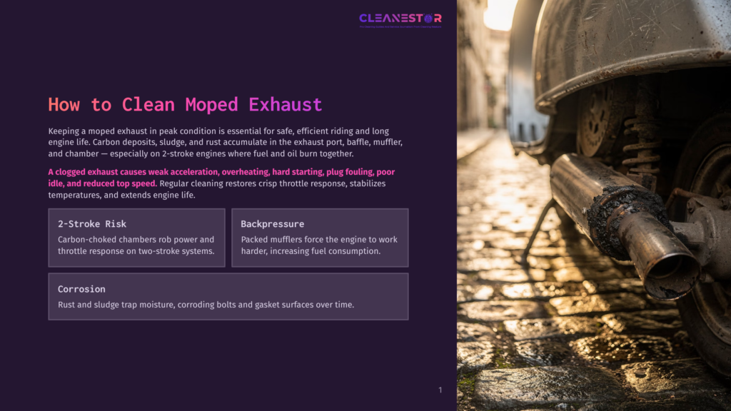 Close-Up Of A Dirty, Rusty Moped Exhaust Pipe On A Cobblestone Street, With The Cleanestor Logo At The Top.