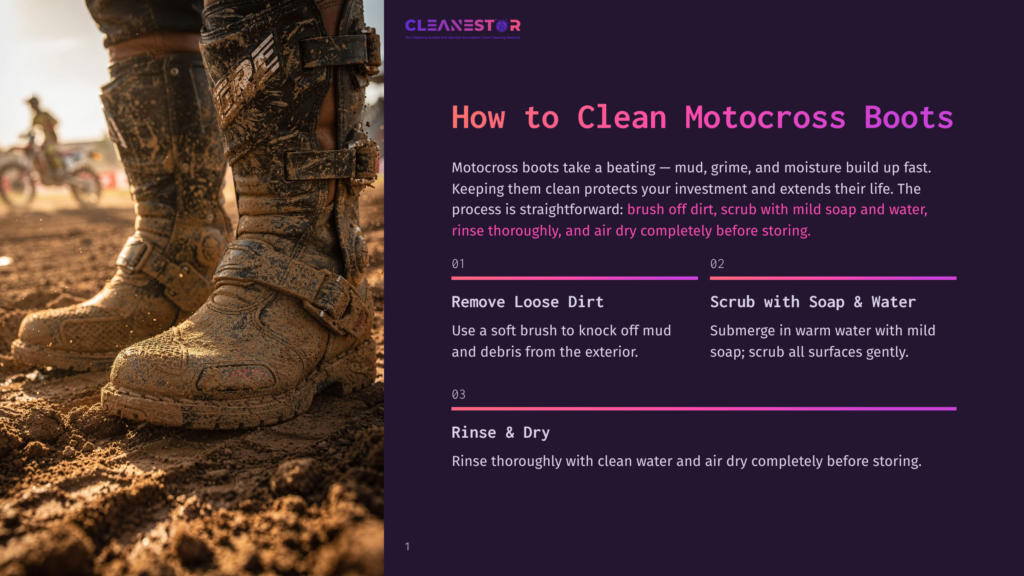 Close-Up Of Muddy Motocross Boots On Dirt, With Text Overlay &Quot;How To Clean Motocross Boots&Quot; And Steps For Cleaning.