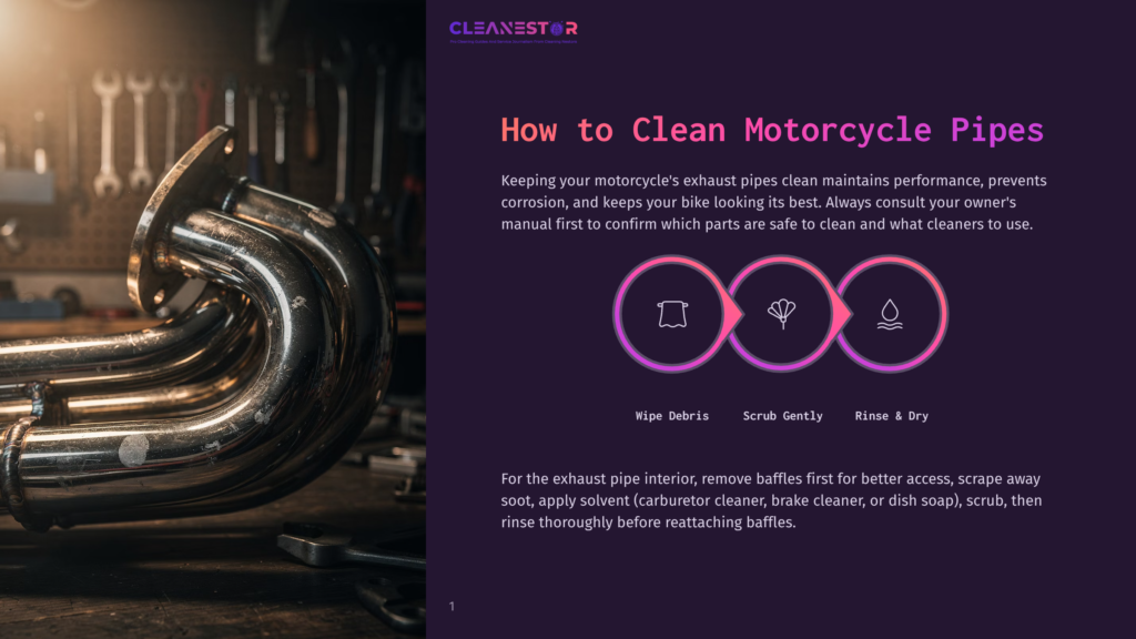 Close-Up Of A Shiny, Chrome Motorcycle Exhaust Pipe System With A Workshop Background. The Image Is Part Of A &Quot;How To Clean Motorcycle Pipes&Quot; Guide.