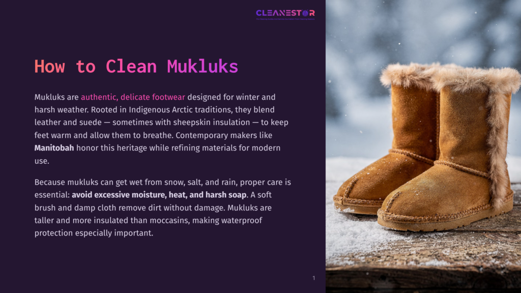 A Pair Of Cozy, Tan Suede Mukluks With Fluffy White Fur Trim Sit On A Rustic Wooden Surface Dusted With Snow. These Authentic Arctic Boots Are Ideal For Winter Weather.
