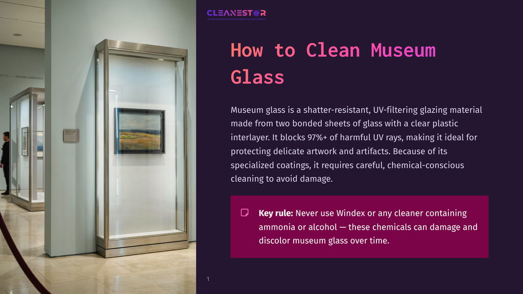 1 How To Clean Museum Glass Museum Glass Display Case With A Painting Inside, Next To A Wall With Text &Quot;Cleanestor How To Clean Museum Glass&Quot;.