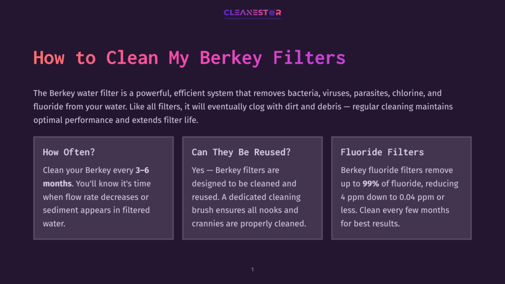 1 How To Clean My Berkey Filters A Webpage With A Dark Background Displays The Title &Quot;How To Clean My Berkey Filters&Quot; And Three Sections. The First Section Titled &Quot;How Often?&Quot; Indicates Cleaning Every 3-6 Months When Flow Rate Decreases Or Sediment Appears. The Second Section &Quot;Can They Be Reused?&Quot; States Berkey Filters Are Designed For Cleaning And Reuse. The Third Section &Quot;Fluoride Filters&Quot; Mentions Fluoride Filters Reduce Fluoride Up To 99%.