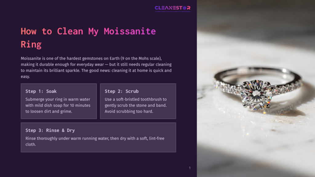 Close-Up Of A Sparkling Moissanite Engagement Ring With A Halo Of Small Diamonds, Resting On A Textured Marble Surface. The Image Highlights The Brilliance Of The Moissanite, Perfect For Cleaning Tips.