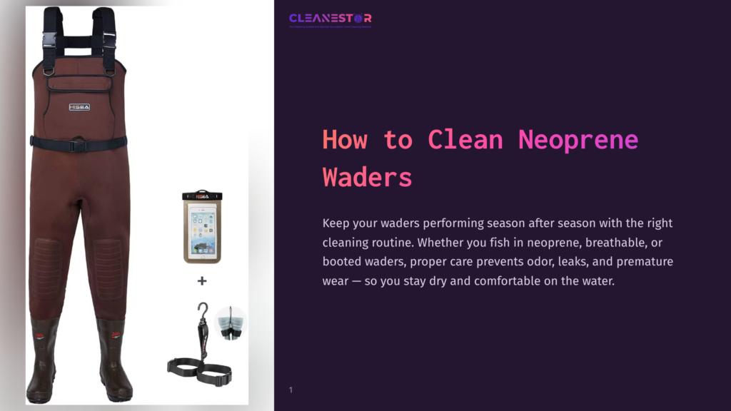 Brown Neoprene Waders And Fishing Accessories, Including A Waterproof Phone Case And Wading Belt, Displayed On A White Background With A &Quot;Cleanestor&Quot; Logo And &Quot;How To Clean Neoprene Waders&Quot; Title.
