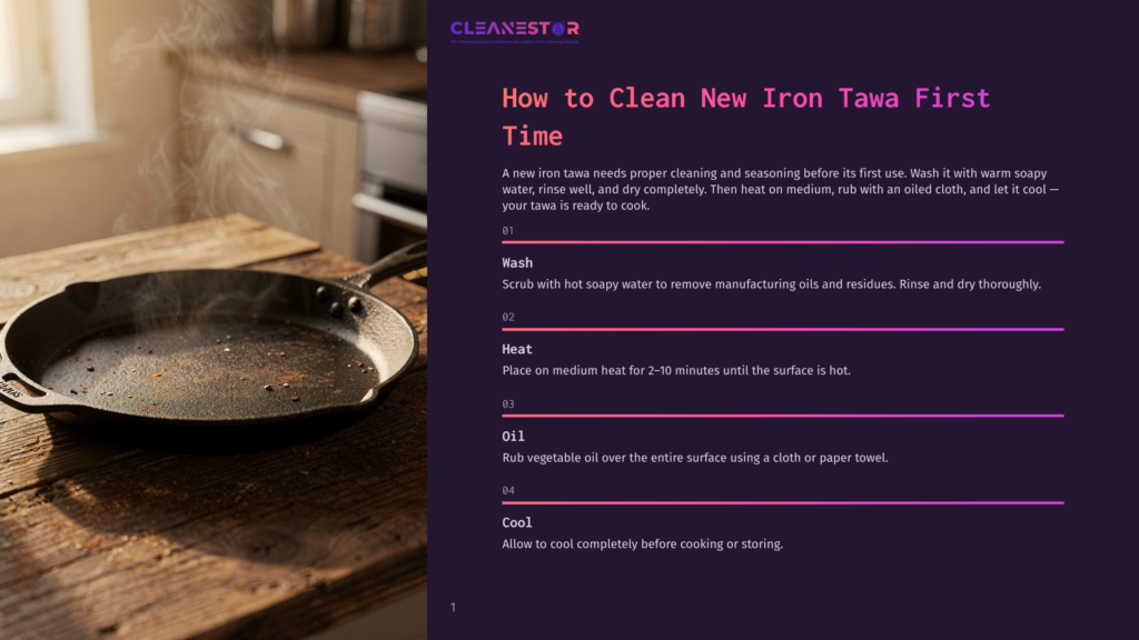 1 How To Clean New Iron Tawa First Time A Cast Iron Tawa Pan Sits On A Rustic Wooden Table, With A Dark, Oily Sheen And A Hint Of Steam Rising, Ready For Cleaning And Seasoning.