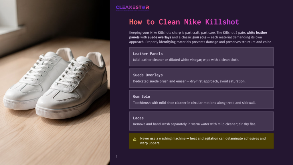 Two Clean, White Nike Killshot Sneakers With Leather Panels And Suede Overlays Sit On A Wooden Surface.