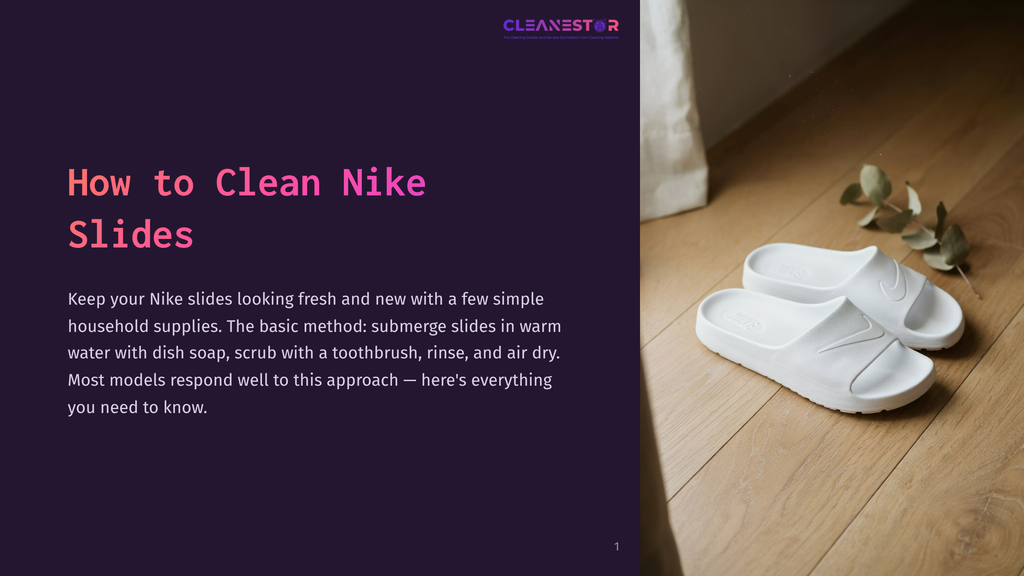 White Nike Slides Rest On A Light Brown Wooden Floor Next To A Dried Plant, With A Blurry Curtain In The Background. Text Overlay Reads &Quot;How To Clean Nike Slides&Quot; And &Quot;Cleanestor&Quot;.