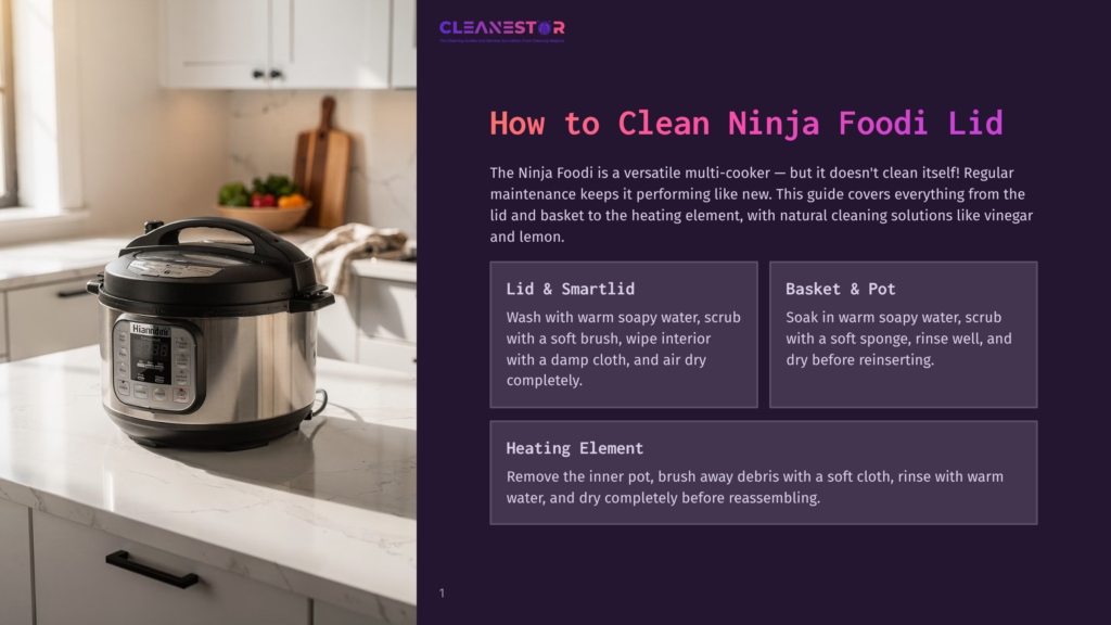 Ninja Foodi Multi-Cooker On A White Marble Countertop In A Bright, Modern Kitchen. The Lid Is Open, Revealing The Inner Pot And Heating Element. Text Overlay Reads &Quot;How To Clean Ninja Foodi Lid.