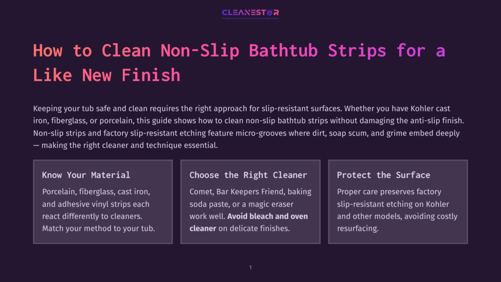 Title Graphic For &Quot;How To Clean Non-Slip Bathtub Strips For A Like New Finish&Quot; With The Cleanestor Logo And Three Informational Boxes: &Quot;Know Your Material,&Quot; &Quot;Choose The Right Cleaner,&Quot; And &Quot;Protect The Surface.