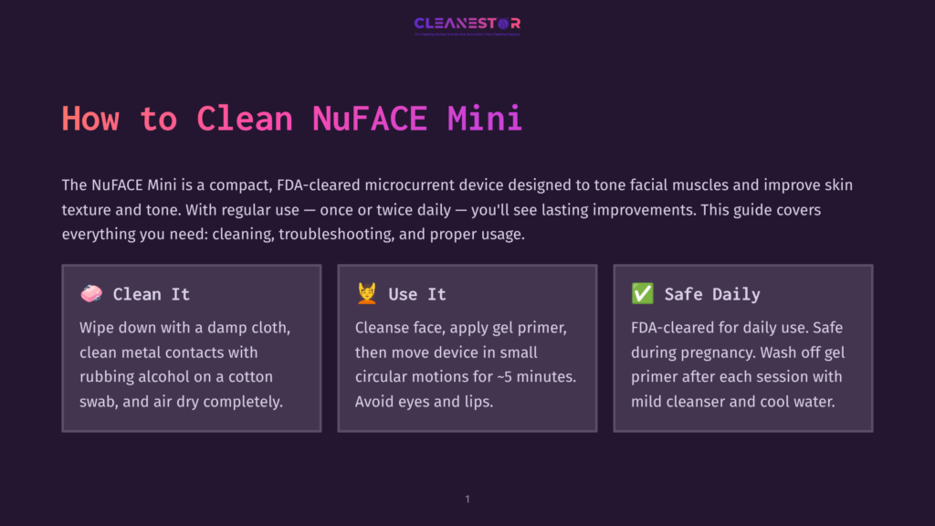 1 How To Clean Nuface Mini The Cleanestor Logo Is Displayed Above The Title &Quot;How To Clean Nuface Mini.&Quot; The Text Explains How To Clean The Nuface Mini Device, Including Sections For &Quot;Clean It,&Quot; &Quot;Use It,&Quot; And &Quot;Safe Daily.