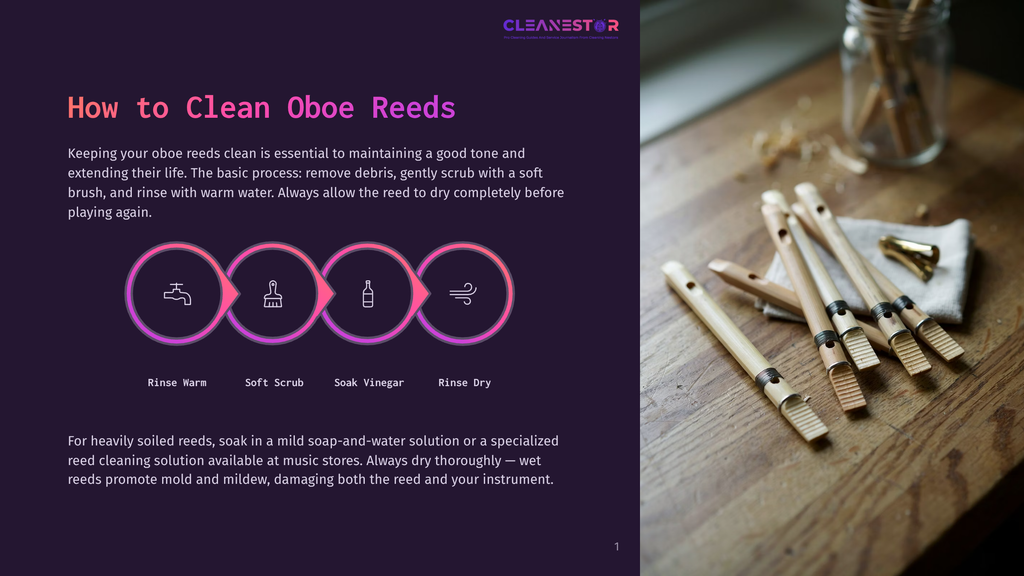 A Step-By-Step Infographic On How To Clean Oboe Reeds, Featuring Icons For Rinsing, Scrubbing, Soaking In Soap, And Soaking In Vinegar. The Text &Quot;How To Clean Oboe Reeds&Quot; Is Prominently Displayed.