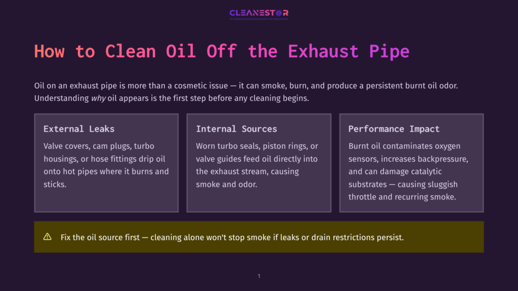 Infographic Detailing Why Oil Appears On Exhaust Pipes, With Sections On External Leaks, Internal Sources, And Performance Impact. The Text &Quot;How To Clean Oil Off The Exhaust Pipe&Quot; Is Prominent.